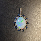 6.8ct Opal Pendant w Earth Mined Diamonds & Sapphires in Solid 14K Gold OV 16x12