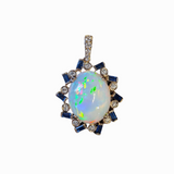 6.8ct Opal Pendant w Earth Mined Diamonds & Sapphires in Solid 14K Yellow Gold | Oval 16x12mm