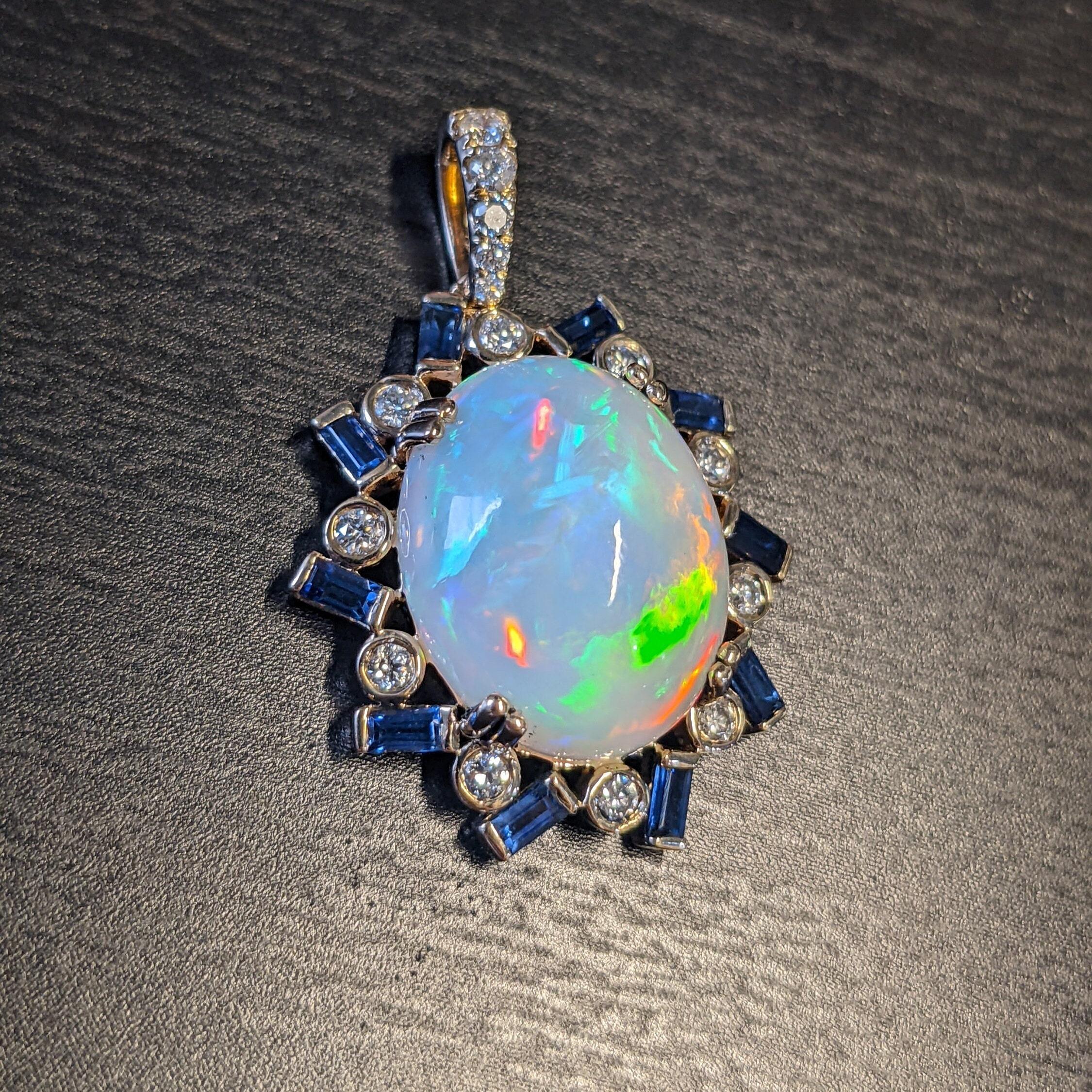 6.8ct Opal Pendant w Earth Mined Diamonds & Sapphires in Solid 14K Gold OV 16x12