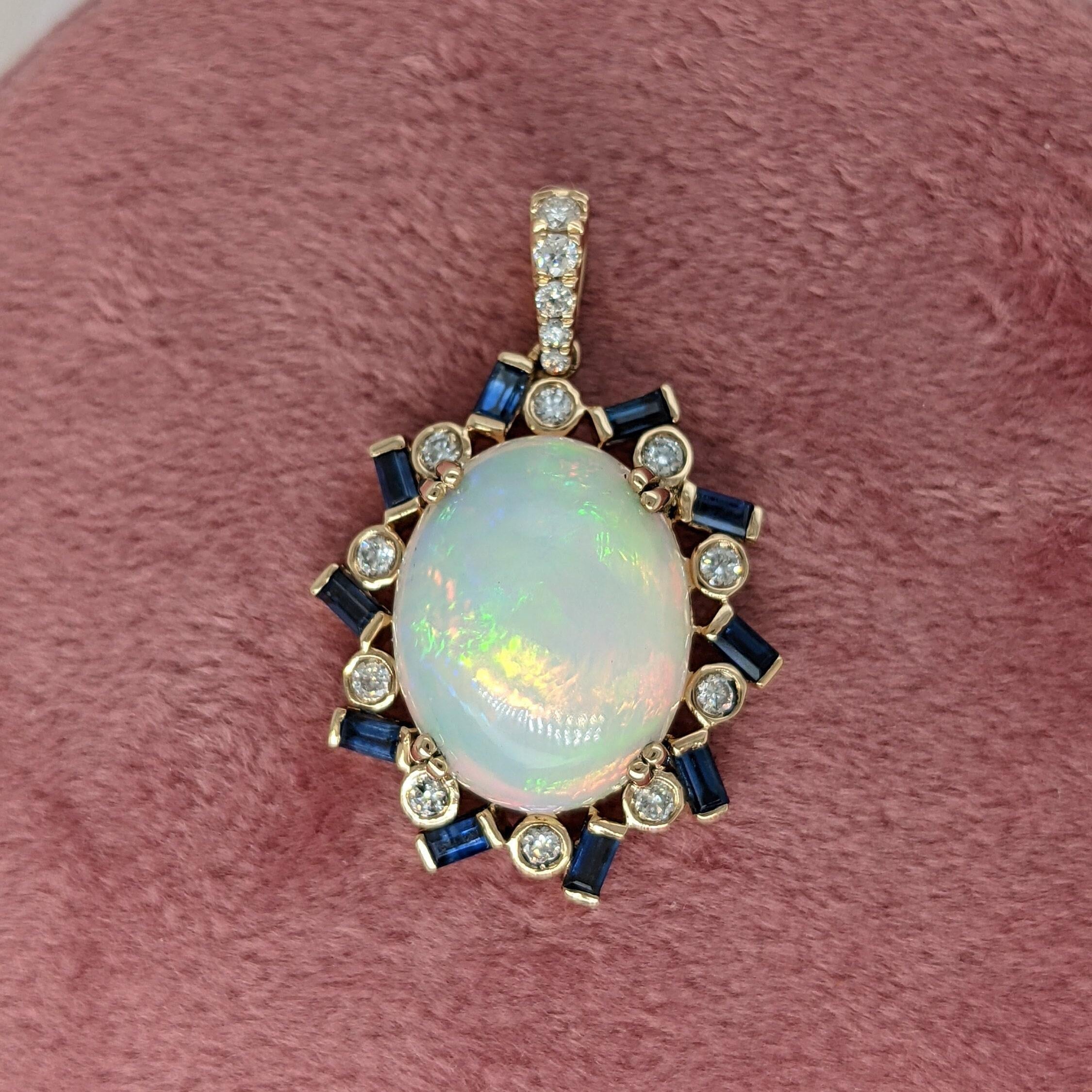 6.8ct Opal Pendant w Earth Mined Diamonds & Sapphires in Solid 14K Gold OV 16x12