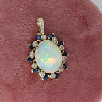 6.8ct Opal Pendant w Earth Mined Diamonds & Sapphires in Solid 14K Gold OV 16x12