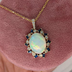 6.8ct Opal Pendant w Earth Mined Diamonds & Sapphires in Solid 14K Gold OV 16x12