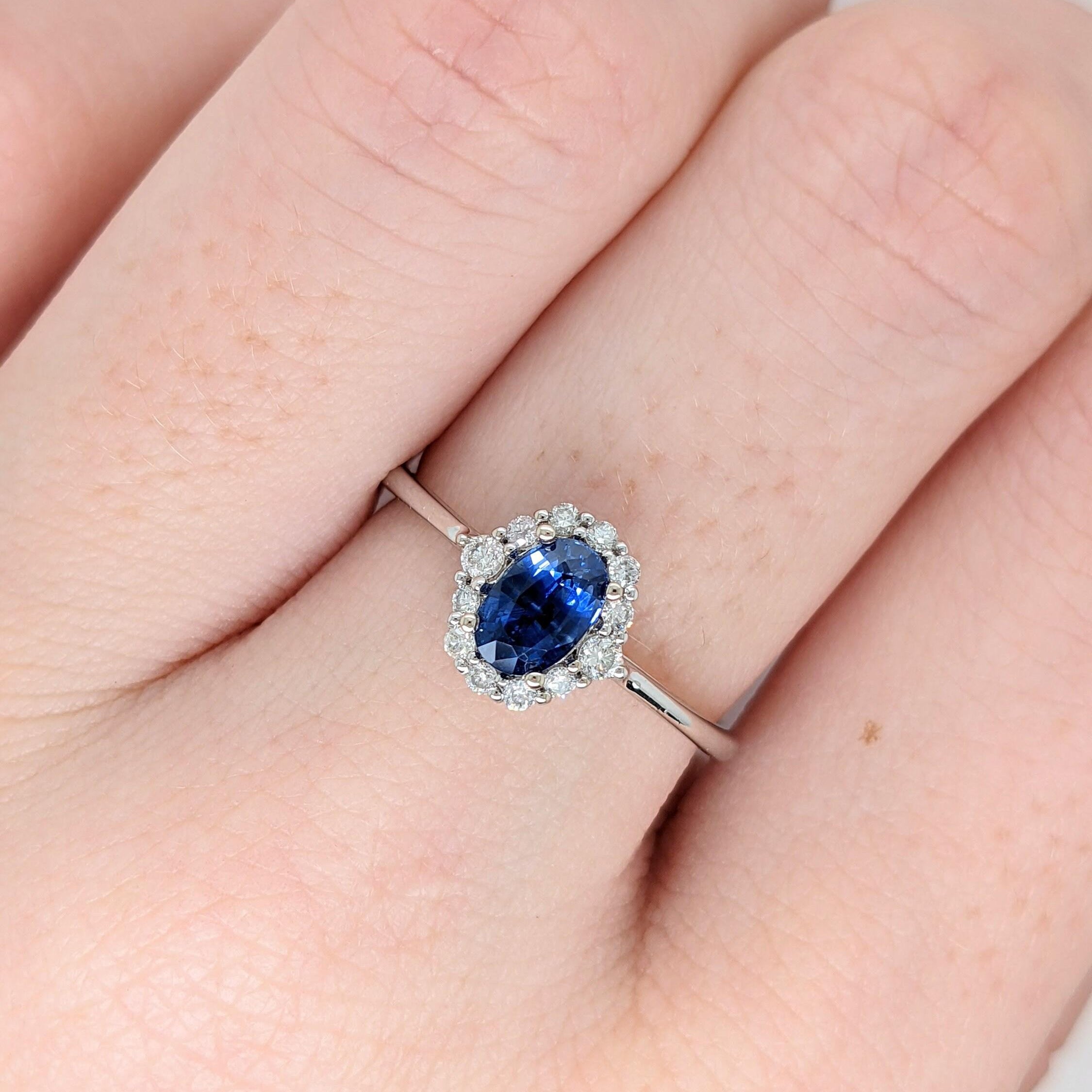Ceylon Sapphire Ring w Earth Mined Diamonds in Solid 14k White Gold Oval 6x4mm