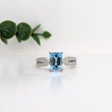 Gold Detail Split Shank with Pave Diamonds Ring Semi Mount in Solid 14K Gold | Emerald Cut 8x6mm | Customizable