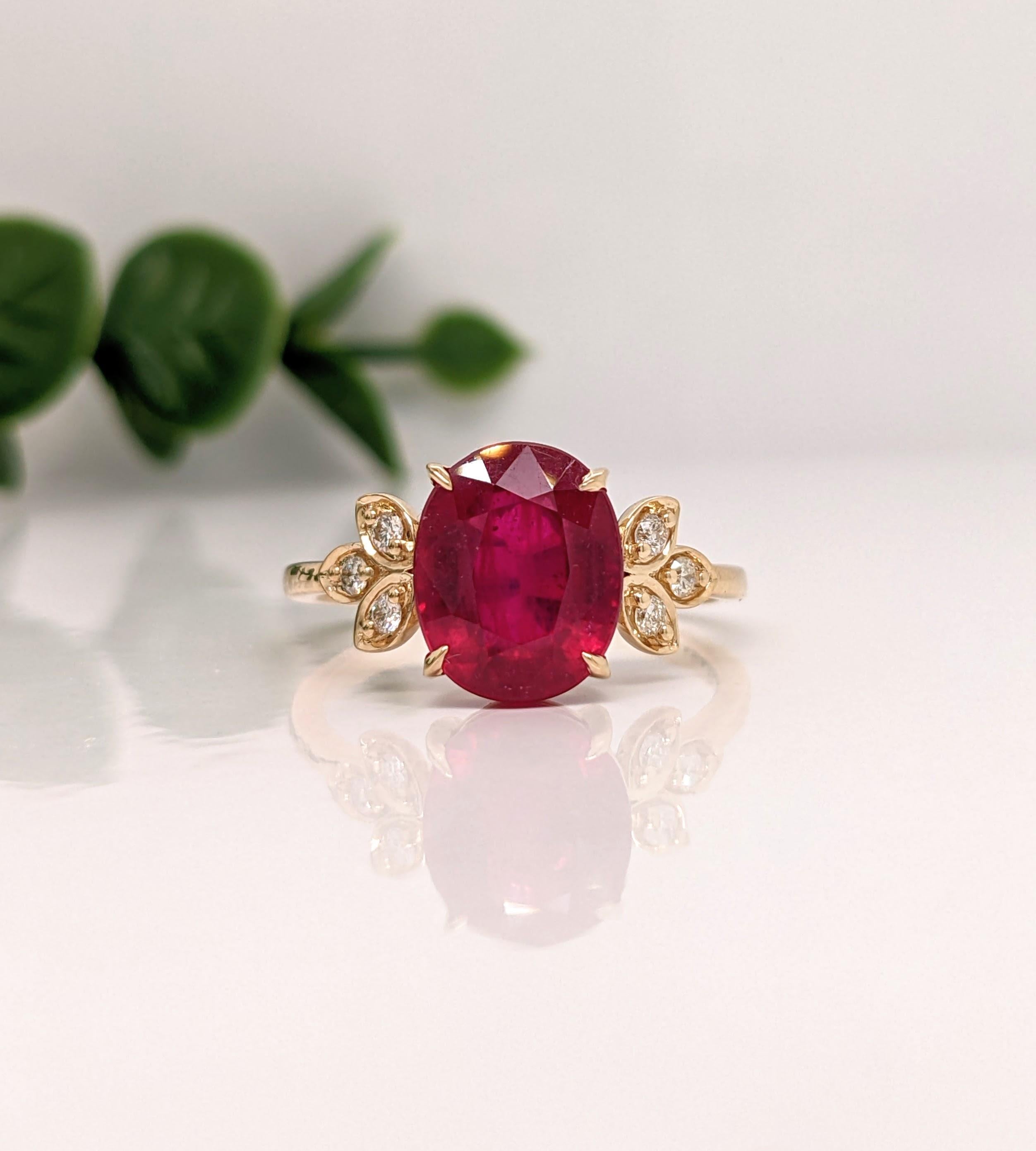 2.3ct Red Ruby Ring w Earth Mined Diamonds in Solid 14K Gold | Oval 10x8mm