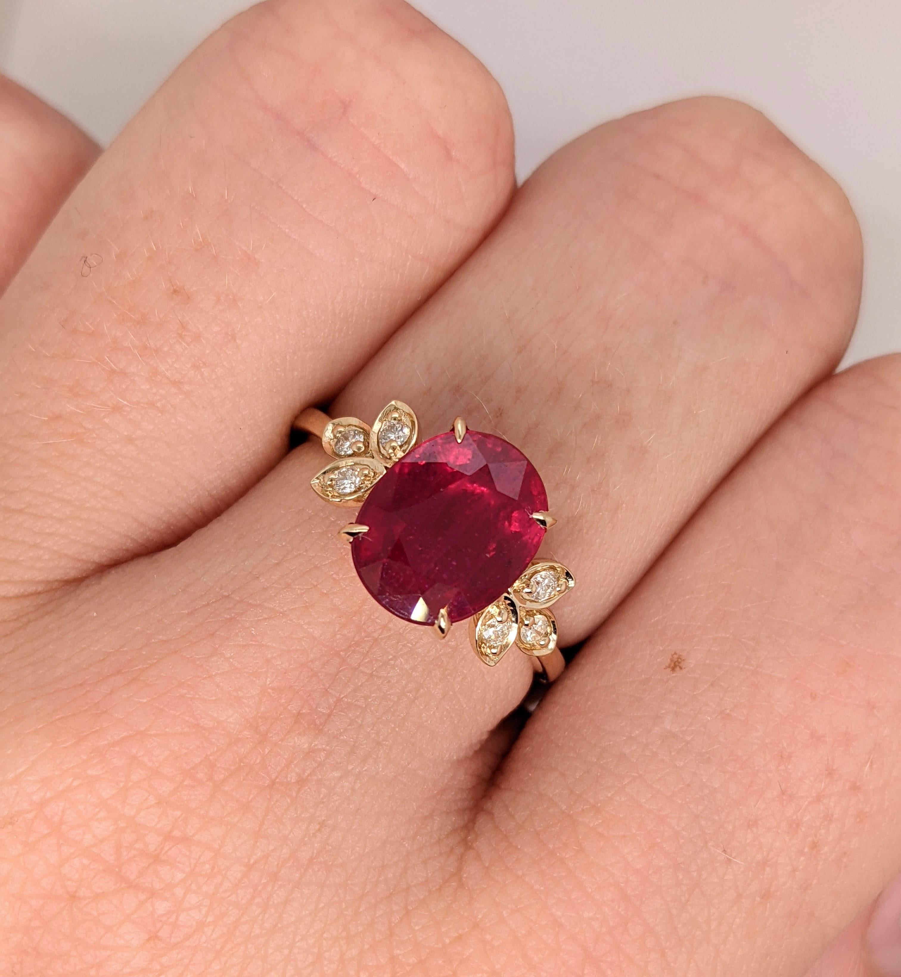 2.3ct Red Ruby Ring w Earth Mined Diamonds in Solid 14K Gold | Oval 10x8mm