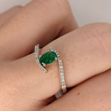 Bypass Oval Emerald Ring with Diamond Accents in Solid Gold – Elegant Open Wrap Emerald Engagement or Statement Ring for Women
