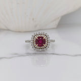 Nora | 0.85ct Ruby Diamond Halo Ring in 14K White & Rose Gold – Round 6mm – Statement of