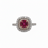Nora | 0.85ct Ruby Diamond Halo Ring in 14K White & Rose Gold – Round 6mm – Statement of