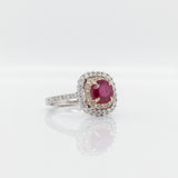 Nora | 0.85ct Ruby Diamond Halo Ring in 14K White & Rose Gold – Round 6mm – Statement of