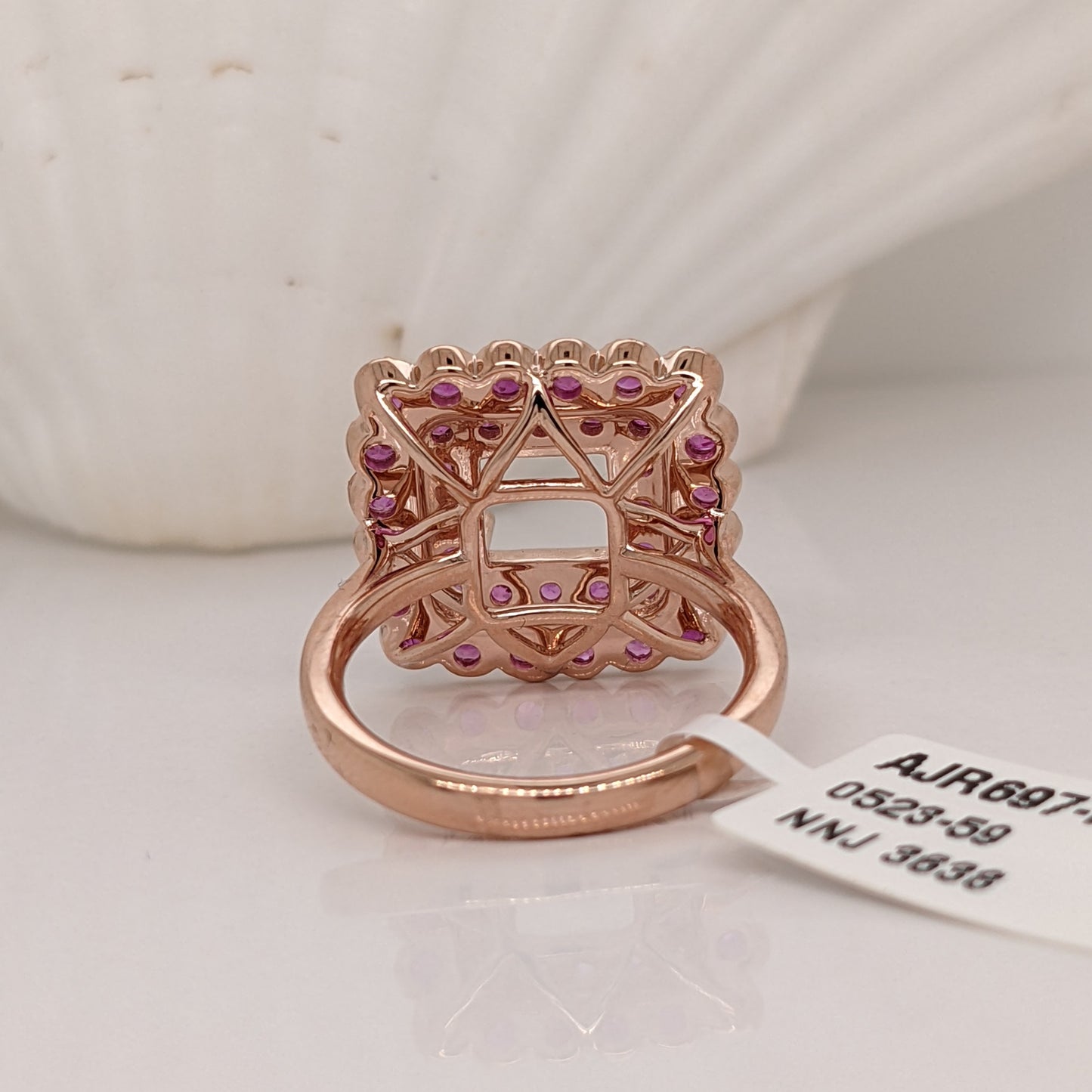 Ring Semi Mount with a Scalloped Double Halo of Pink Sapphires in 14k Solid Gold | Princess Cut