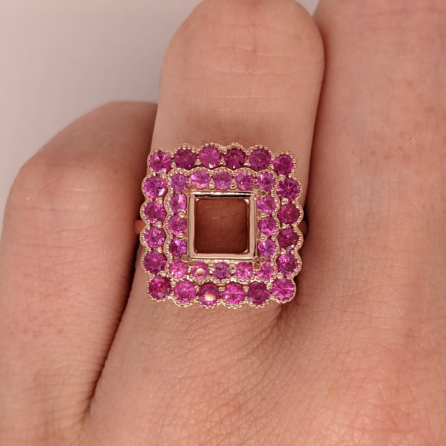 Ring Semi Mount with a Scalloped Double Halo of Pink Sapphires in 14k Solid Gold | Princess Cut
