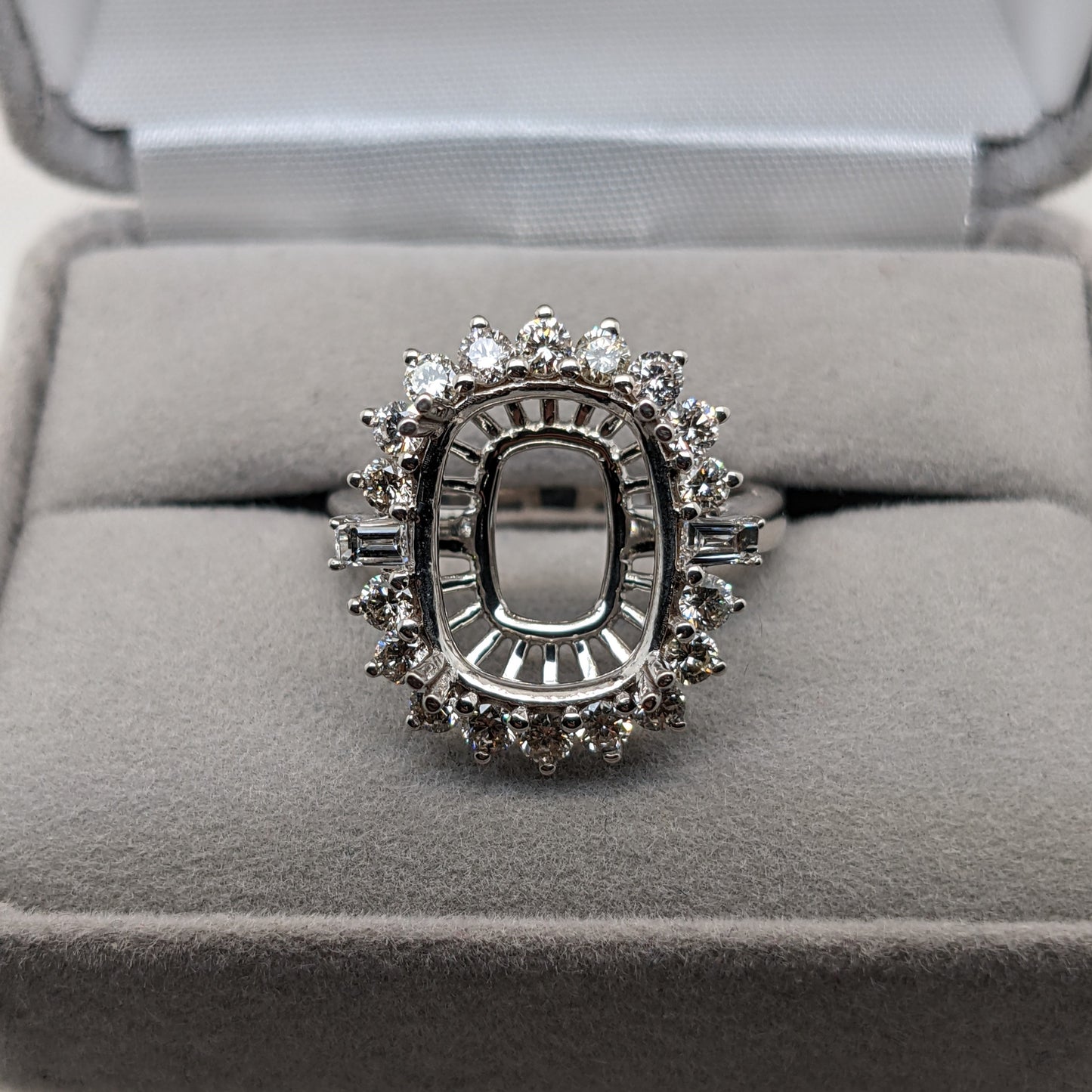 Diamond Halo Ring Semi Mount with Baguette Diamond Accents in Solid 14k Gold | Cushion Cut
