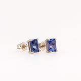 Tanzanite Four Prong Stud Earrings in Solid 14K Gold | Emerald Cut