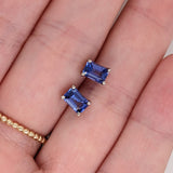 Tanzanite Four Prong Stud Earrings in Solid 14K Gold | Emerald Cut