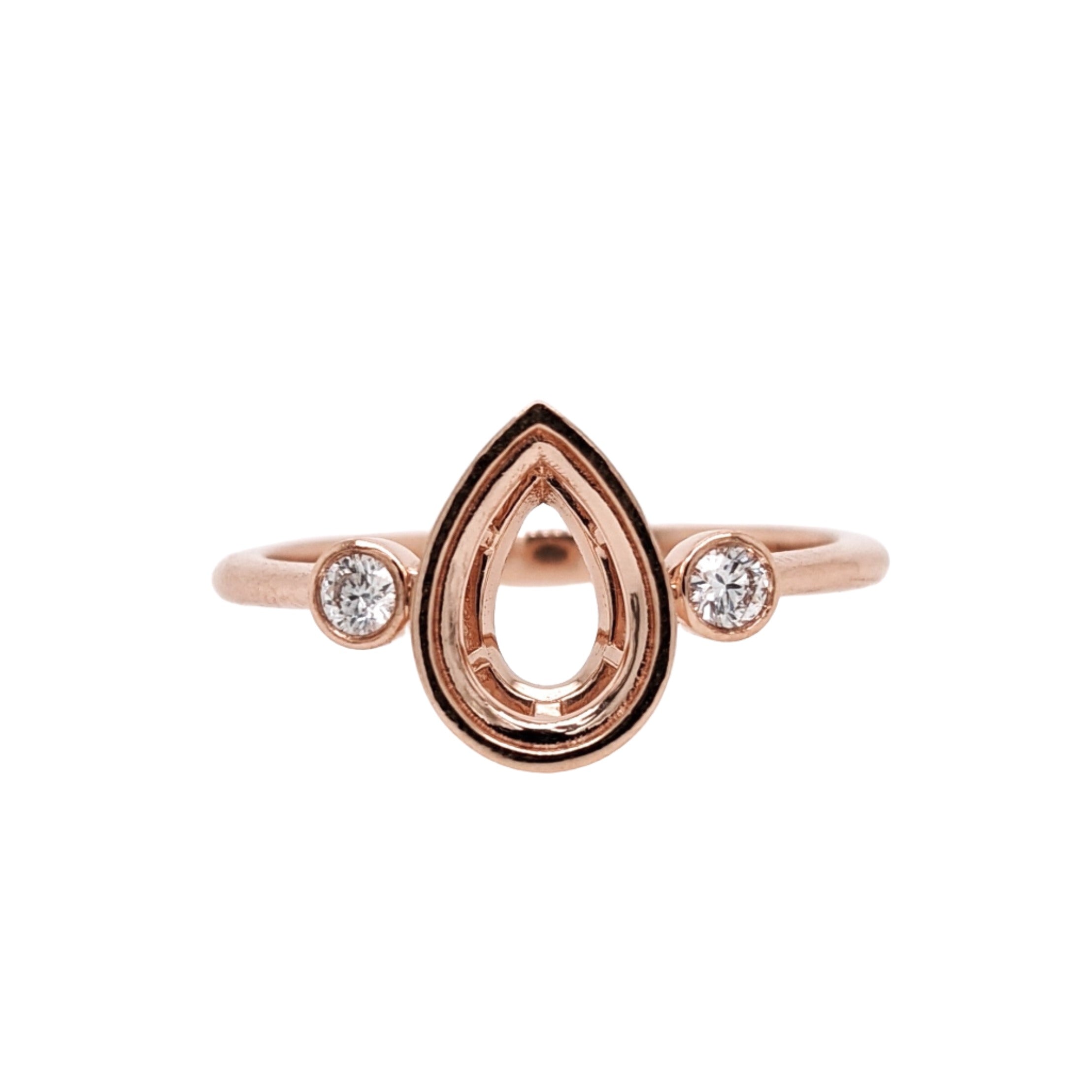 Three Stone Bezel Set Ring w Bezel Set Round Natural Diamond Accents in 14k Gold | Pear Cut