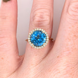 Angel 4.4cts Glam Swiss Topaz Ring w Earth Mined Diamonds in 14K Yellow Gold | Round 10mm
