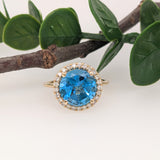 Angel 4.4cts Glam Swiss Topaz Ring w Earth Mined Diamonds in 14K Yellow Gold | Round 10mm