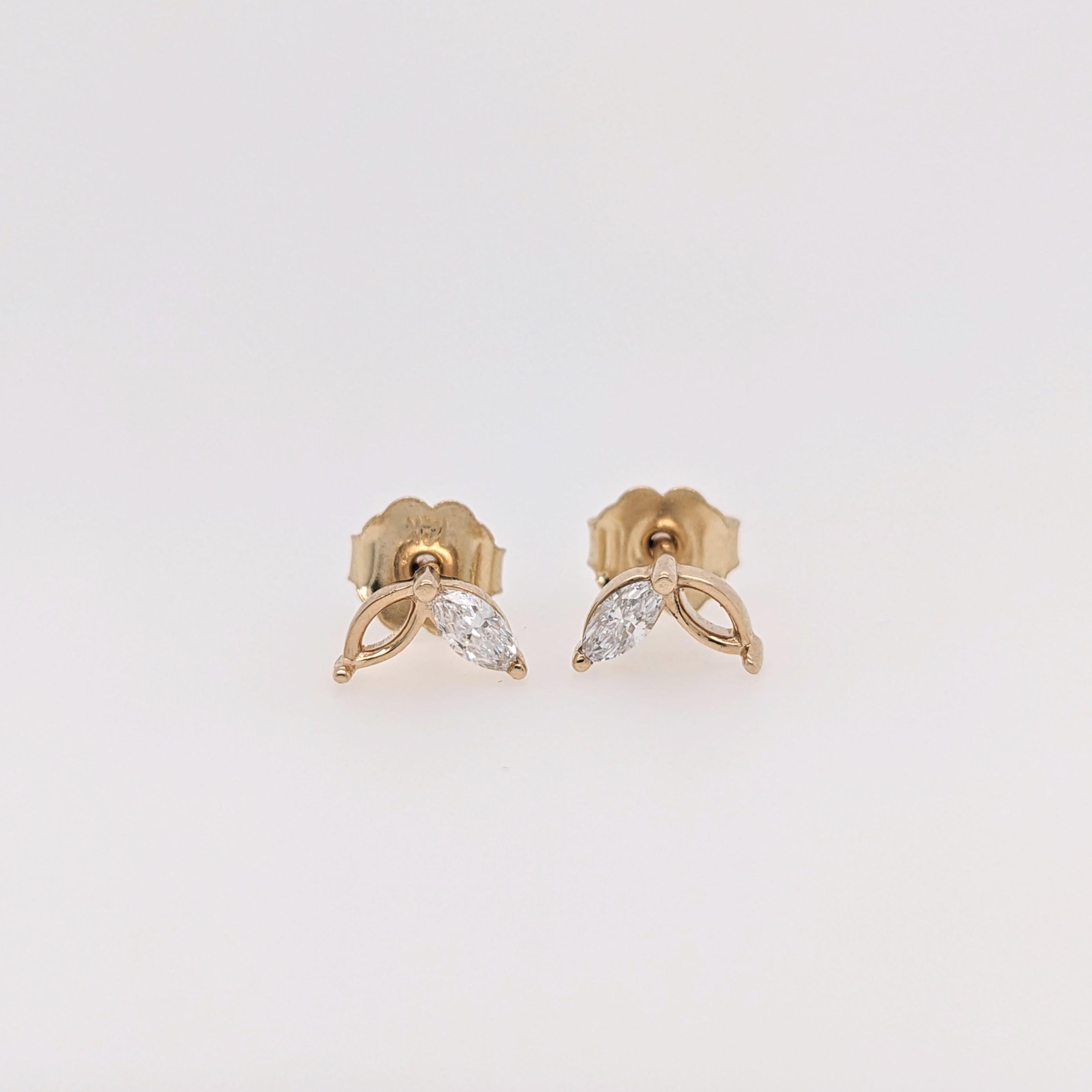 Earring Semi Mount w Earth Mined Diamonds in Solid 14K Gold | Marquise 4x2mm