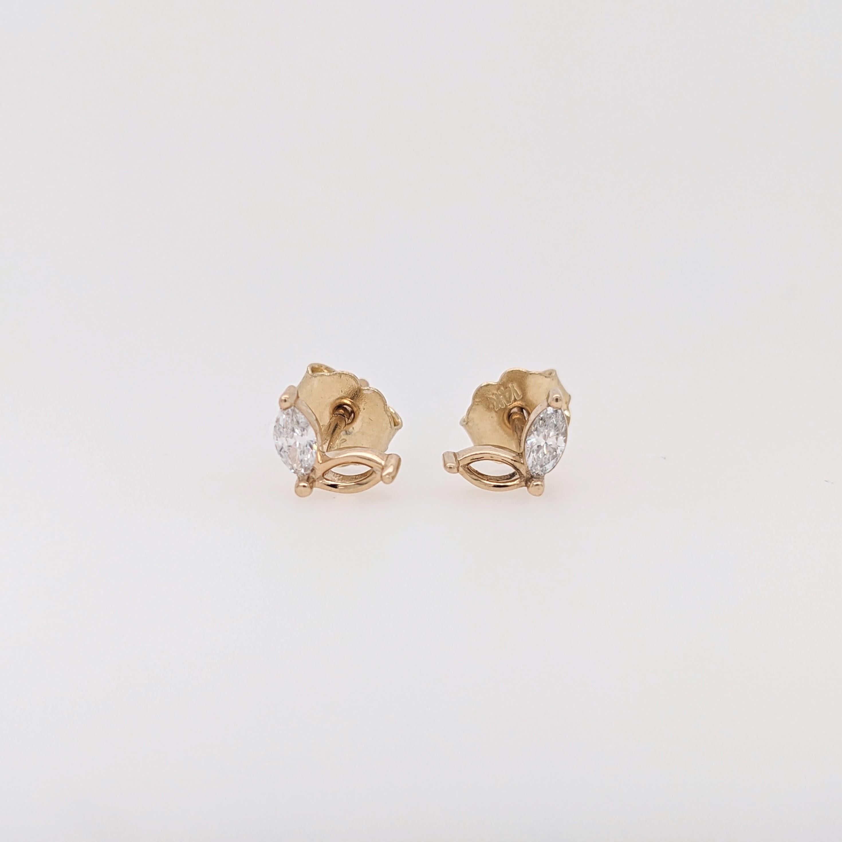 Earring Semi Mount w Earth Mined Diamonds in Solid 14K Gold | Marquise 4x2mm