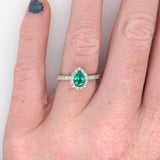 Statement Emerald Ring w Halo of Diamonds in Solid 14K White Gold | PE 7x5mm