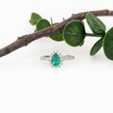 Statement Emerald Ring w Halo of Diamonds in Solid 14K White Gold | PE 7x5mm
