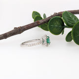 Statement Emerald Ring w Halo of Diamonds in Solid 14K White Gold | PE 7x5mm