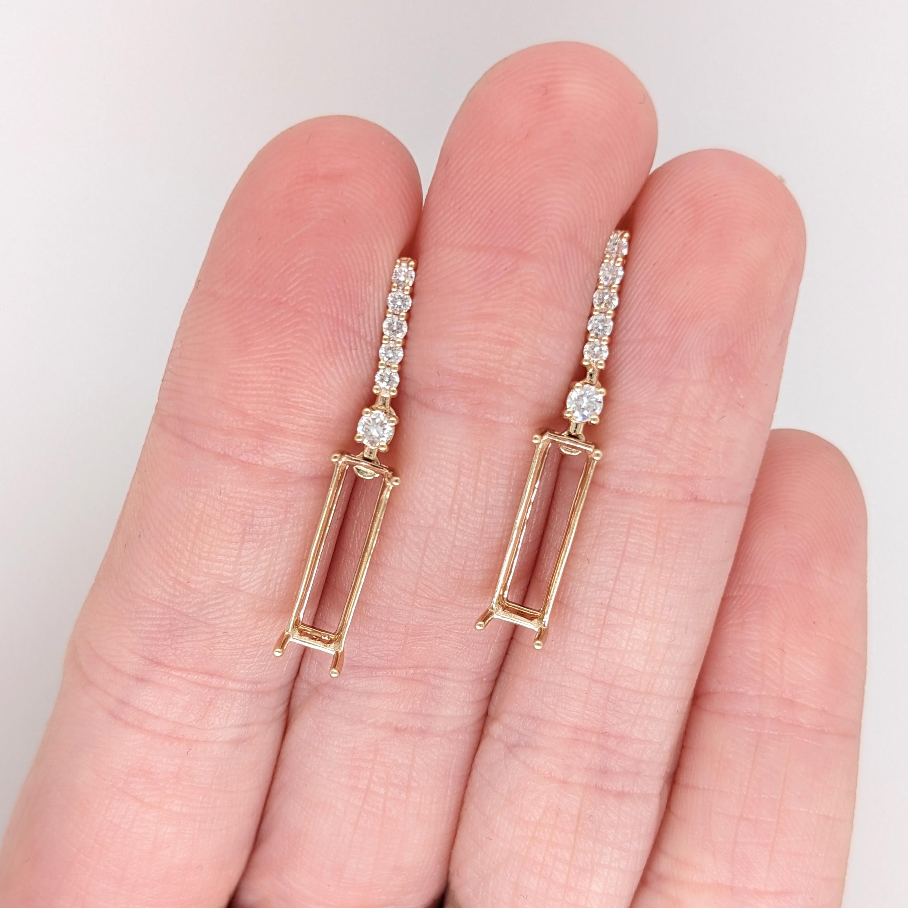 Earring Semi Mount w Natural Diamonds in Solid 14K Yellow Gold EM 14x4mm