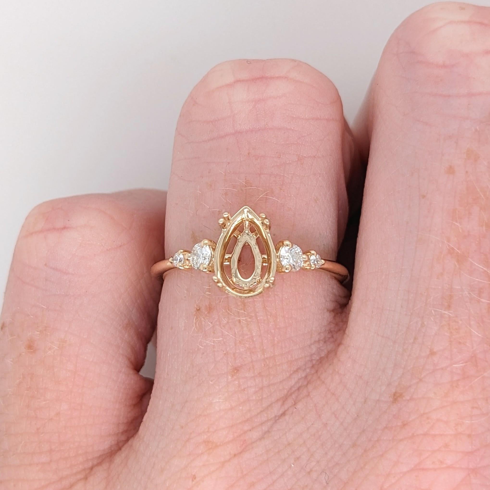 Ring Semi Mount w Natural Diamonds in Solid 14K Gold Pear shape 9x5mm