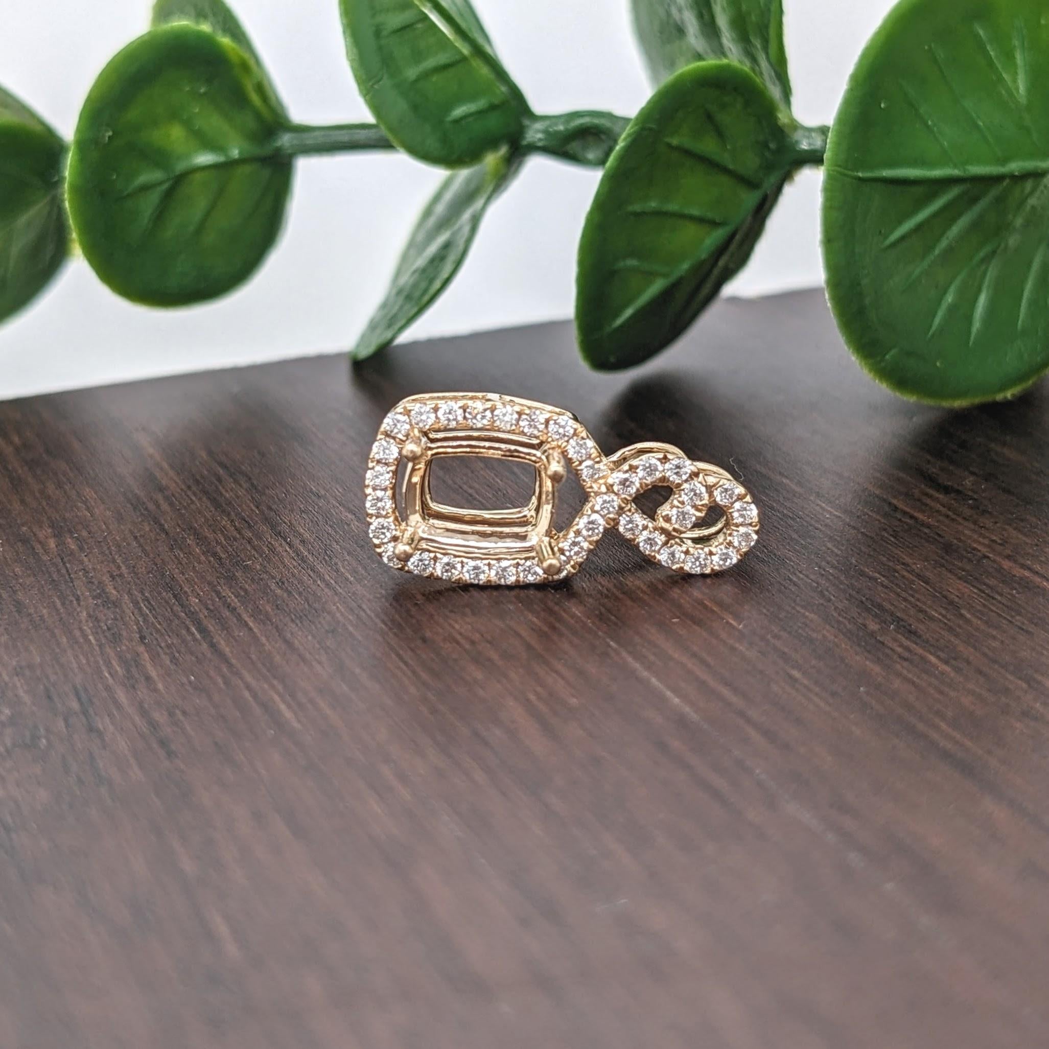 Infinity Pendant Semi Mount w Natural Diamonds in Solid 14K Gold Cushion 7x5mm