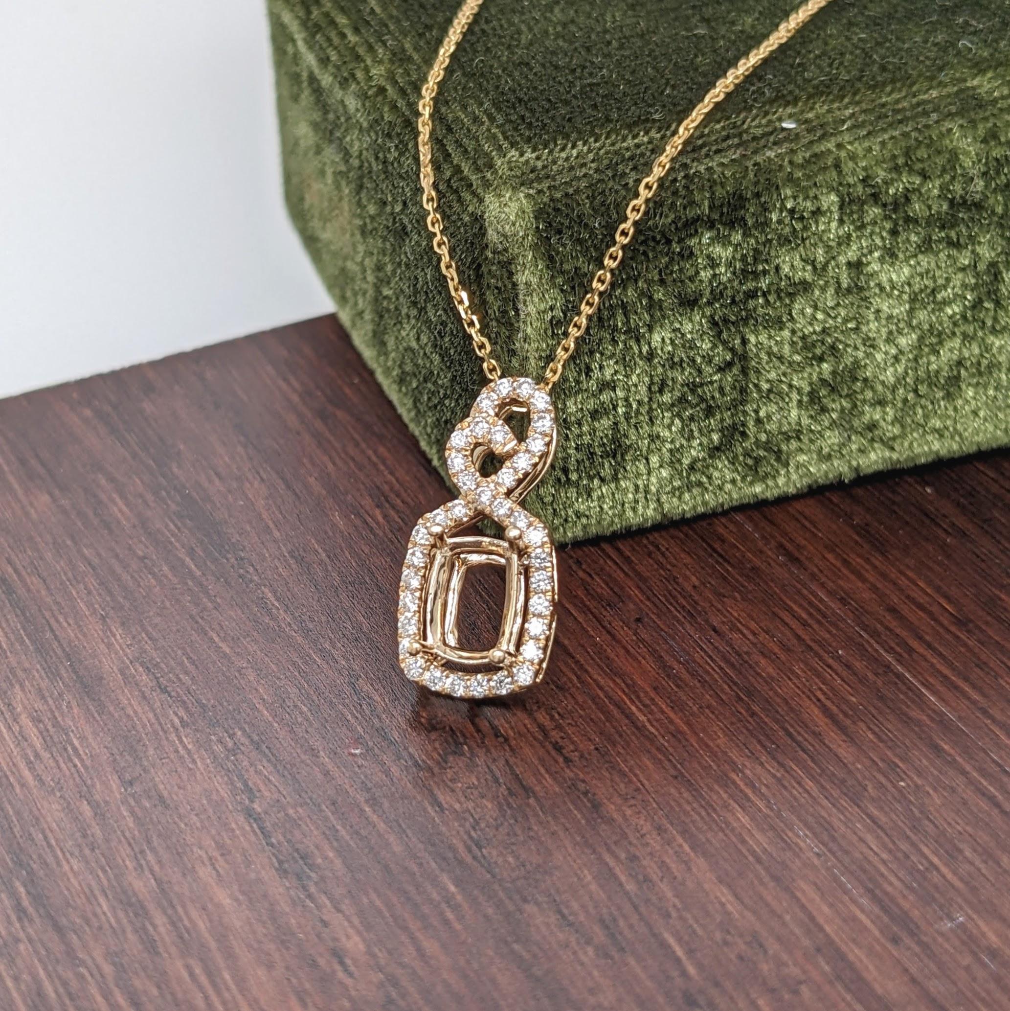 Infinity Pendant Semi Mount w Natural Diamonds in Solid 14K Gold Cushion 7x5mm