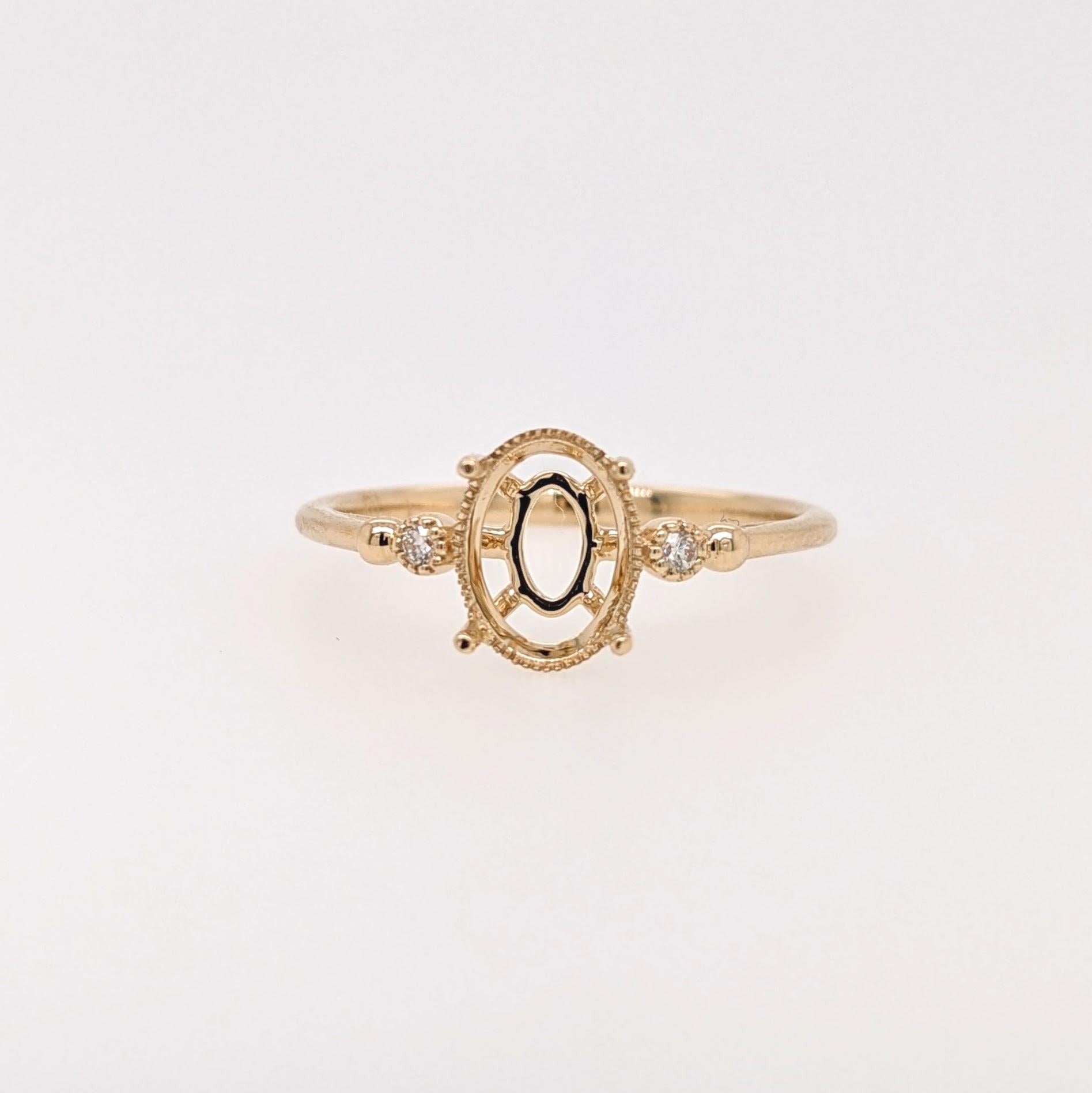 Ring Semi Mount w Milgrain Detail & Natural Diamonds in Solid 14K Gold Oval 8x6