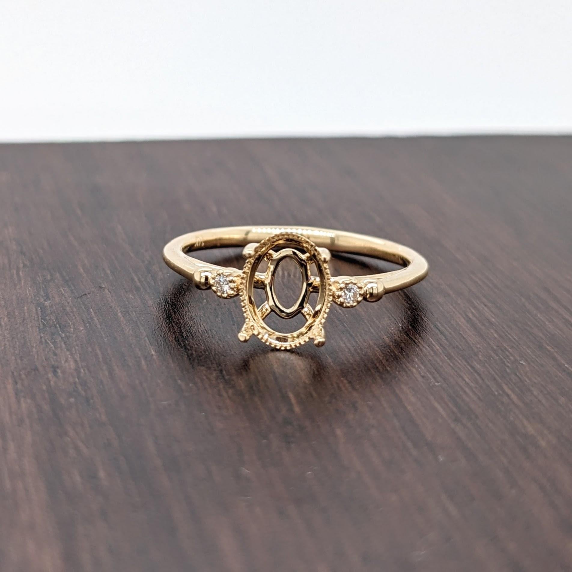 Ring Semi Mount w Milgrain Detail & Natural Diamonds in Solid 14K Gold Oval 8x6