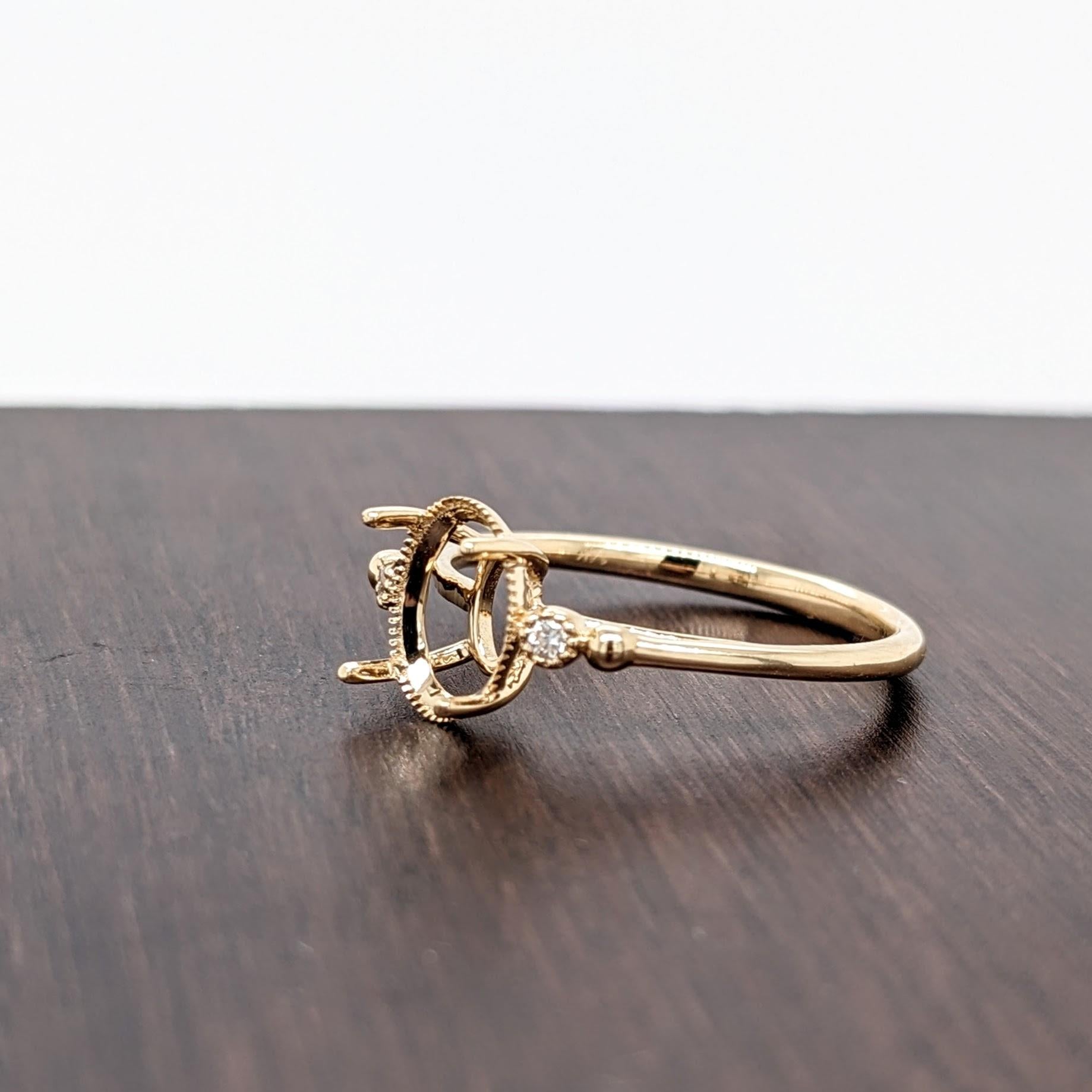 Ring Semi Mount w Milgrain Detail & Natural Diamonds in Solid 14K Gold Oval 8x6