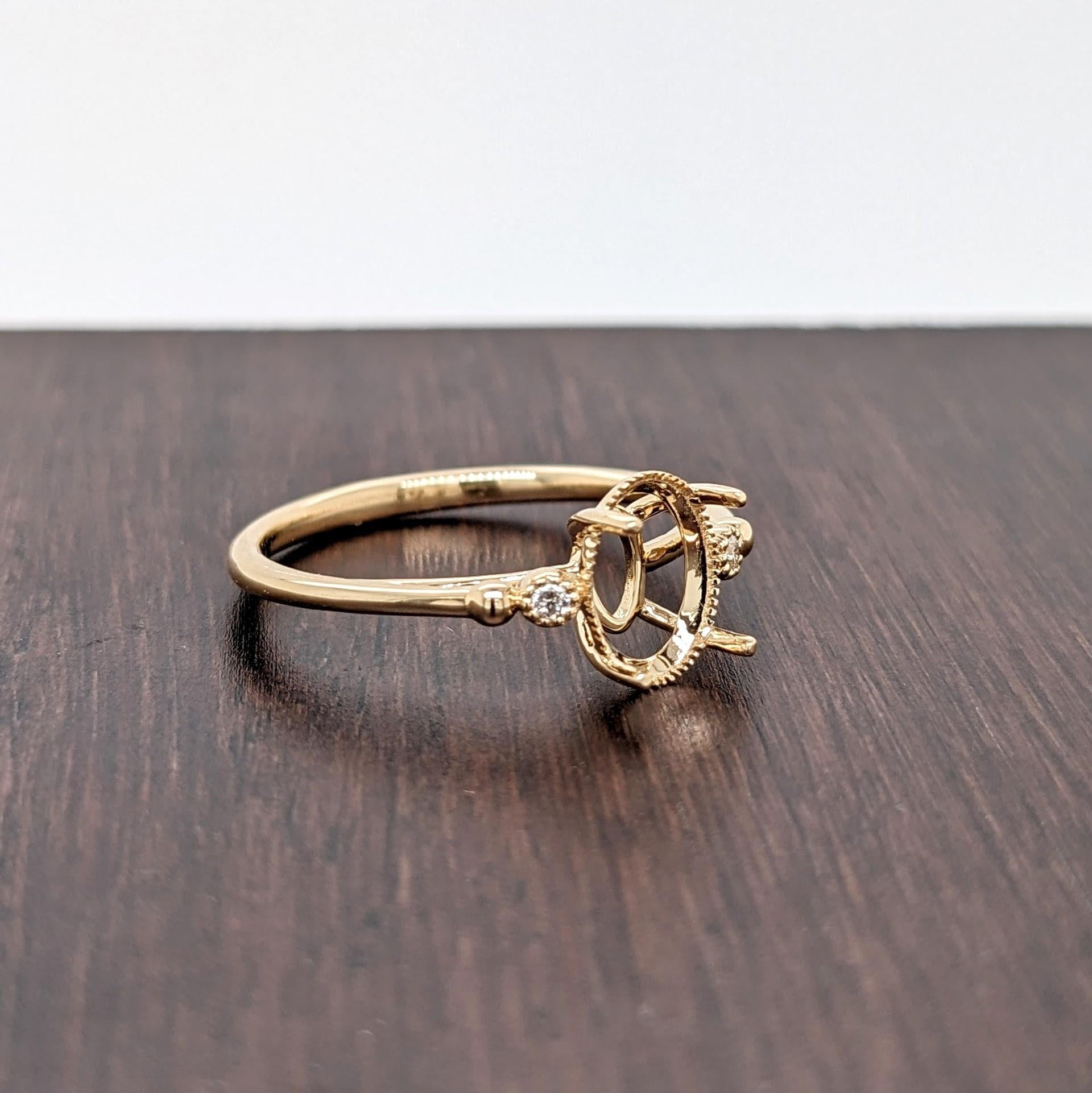 Ring Semi Mount w Milgrain Detail & Natural Diamonds in Solid 14K Gold Oval 8x6