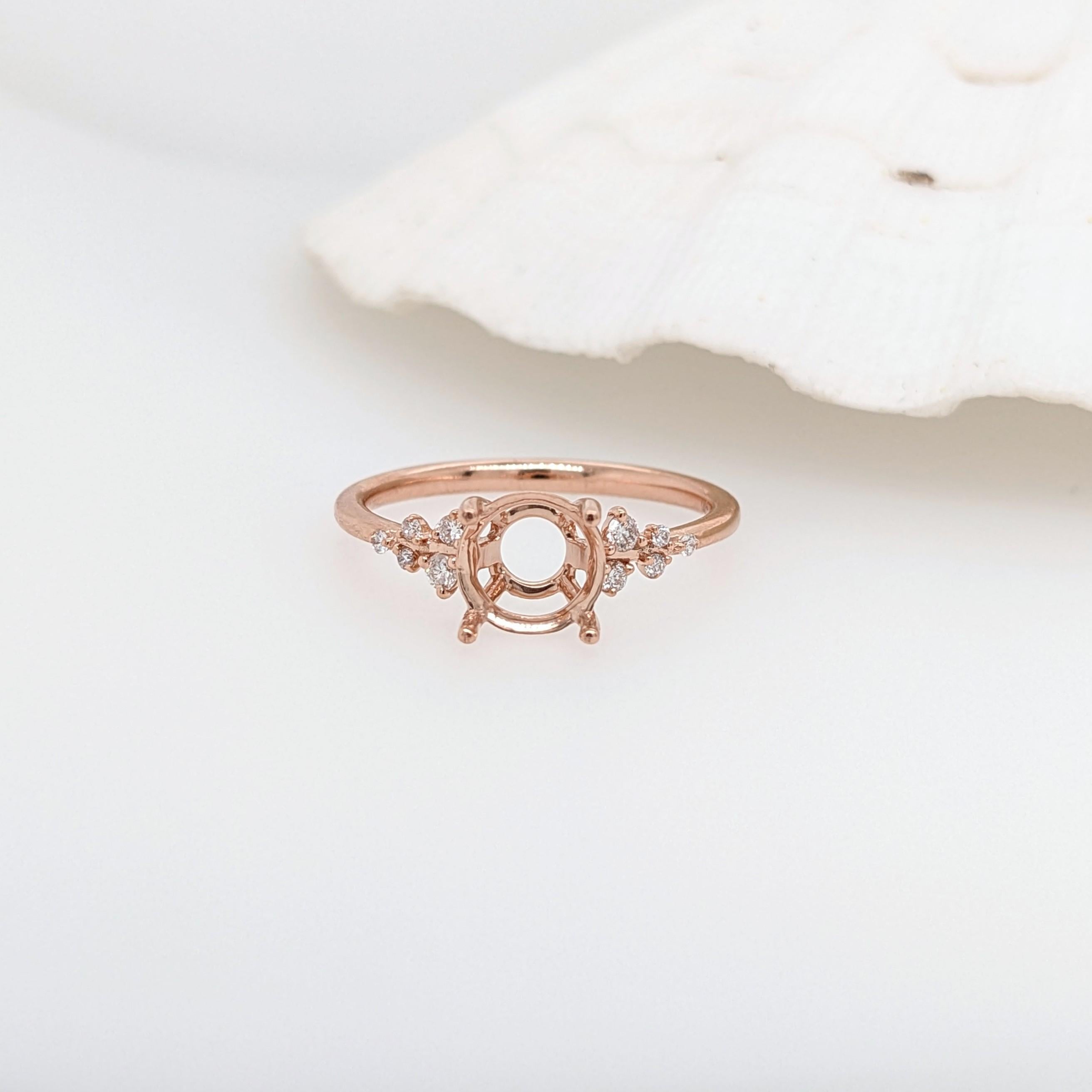 Ring Semi Mount w Natural Diamonds in Solid 14K Gold Round 7mm