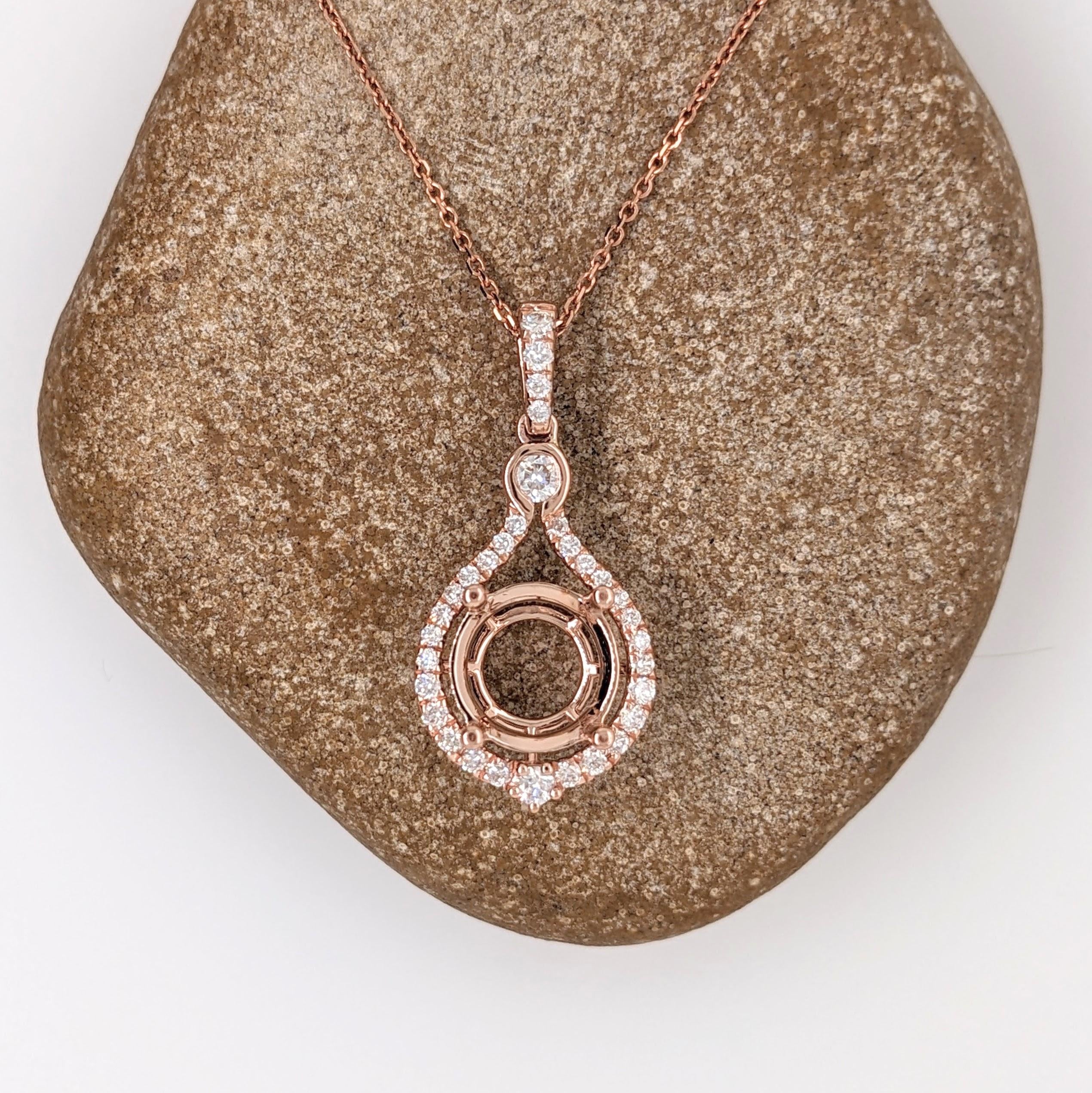 Pendant Semi Mount w Earth Mined Diamonds in Solid 14K Gold Round 9mm