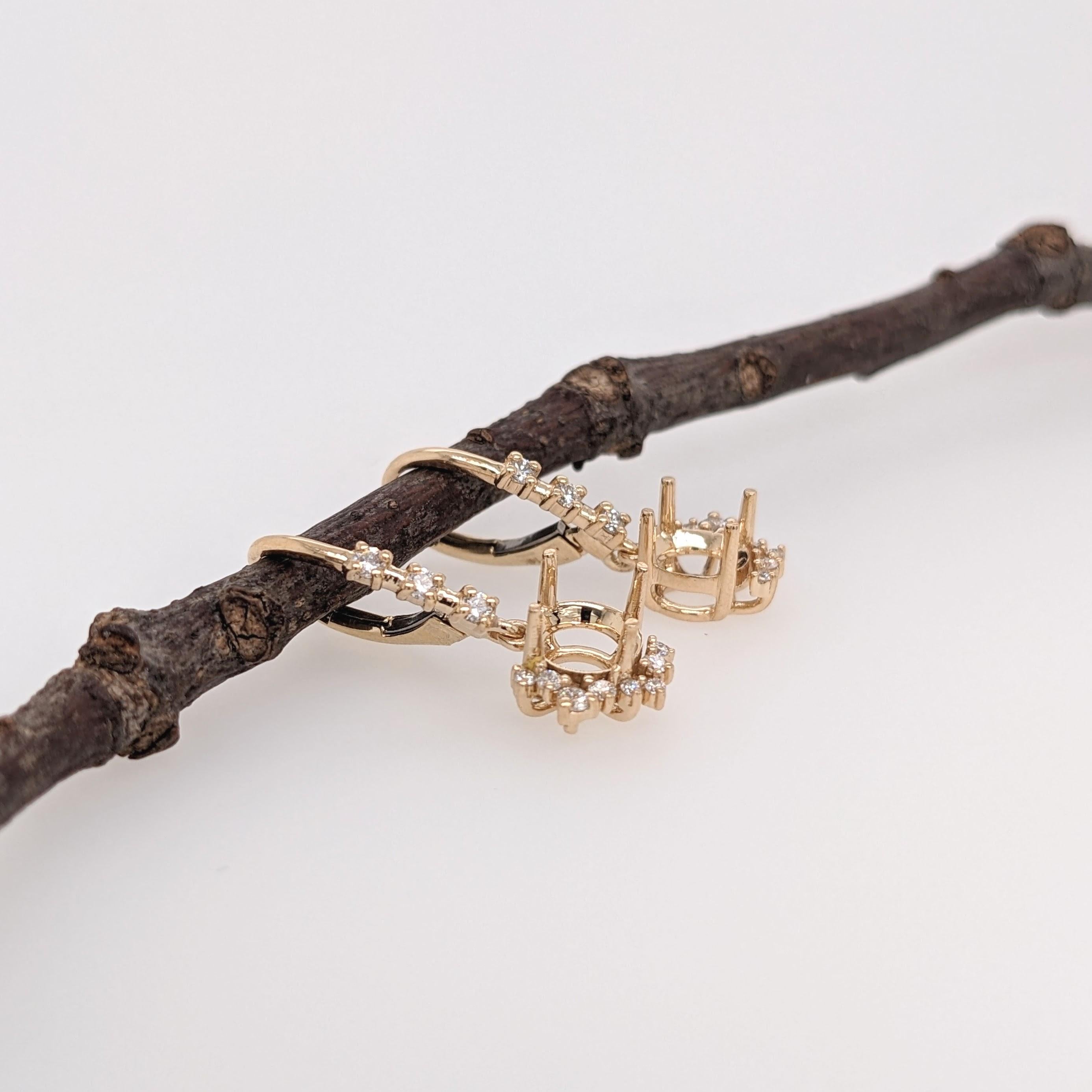Dangle Earring Semi Mount w Earth Mined Diamonds in Solid 14K Gold Round 6mm