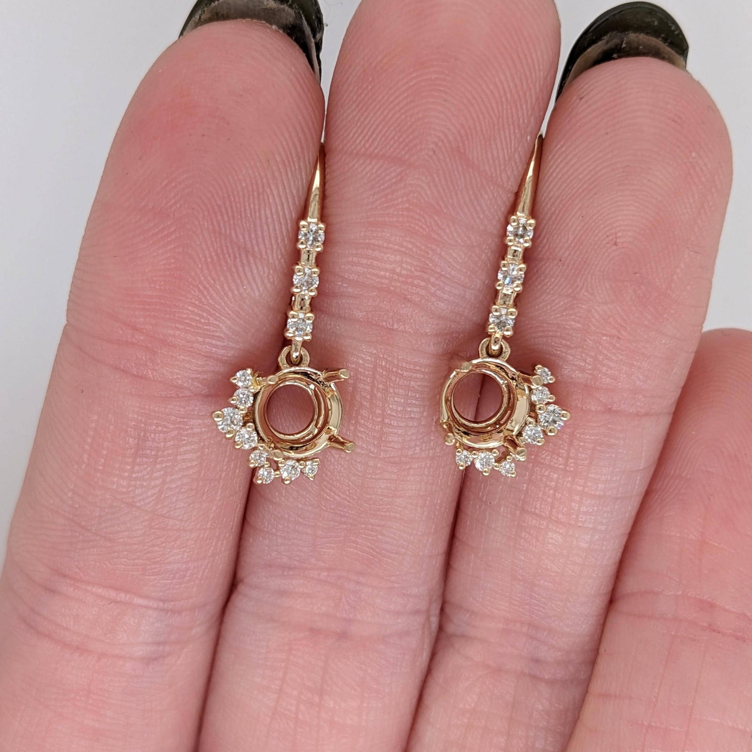 Dangle Earring Semi Mount w Earth Mined Diamonds in Solid 14K Gold Round 6mm