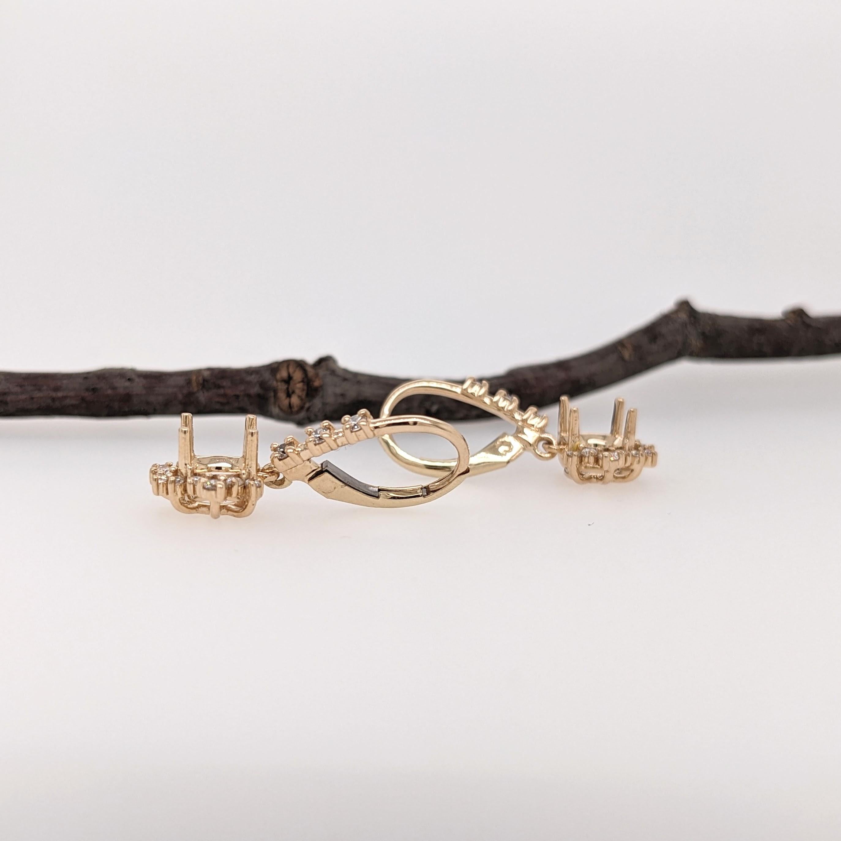Dangle Earring Semi Mount w Earth Mined Diamonds in Solid 14K Gold Round 6mm
