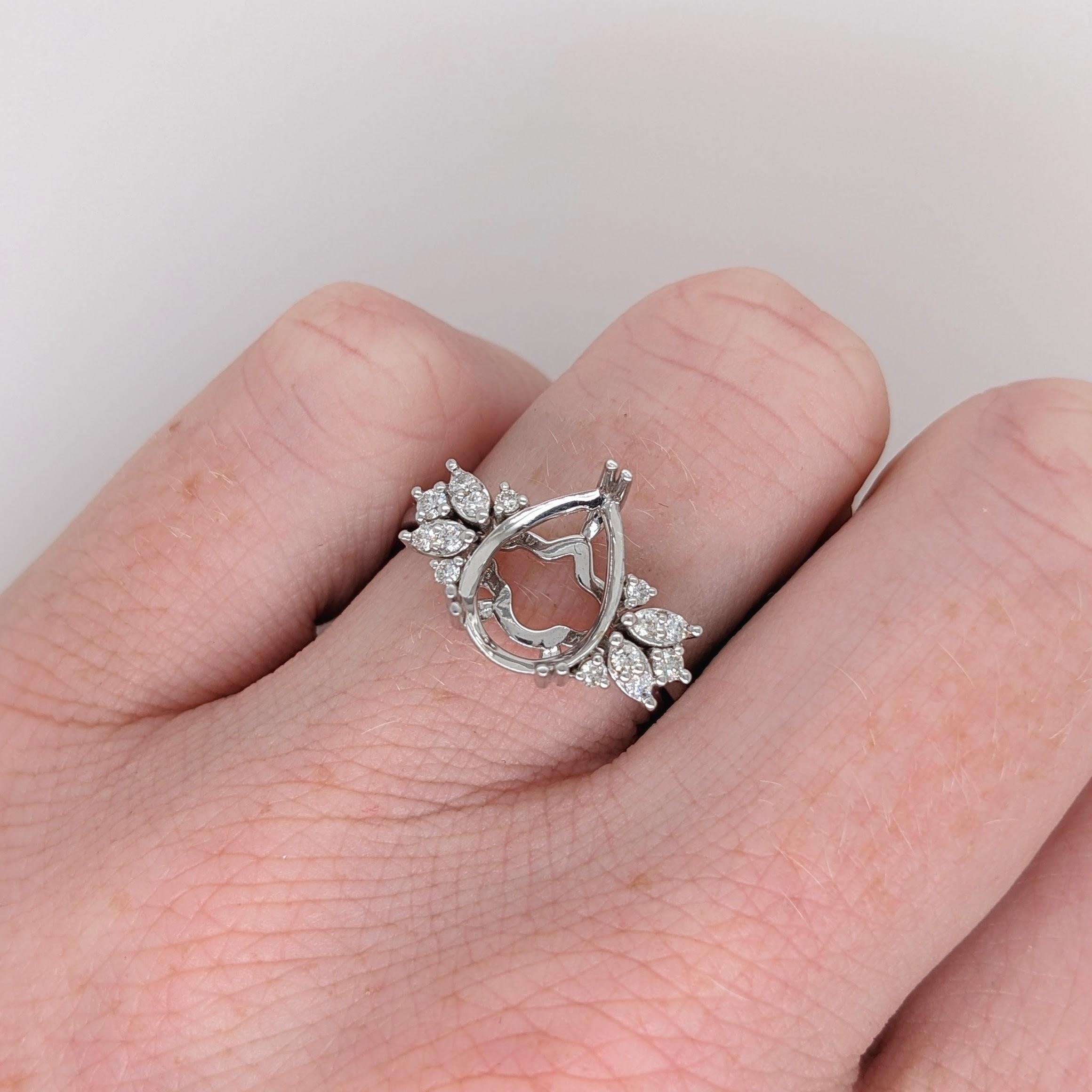 Ring Semi Mount w Earth Mined Diamonds in Solid 14K Gold Pear Shape 11x8mm