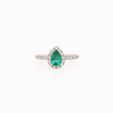 Statement Emerald Ring w Halo of Diamonds in Solid 14K White Gold | PE 7x5mm