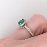 Statement Emerald Ring w Halo of Diamonds in Solid 14K White Gold | PE 7x5mm