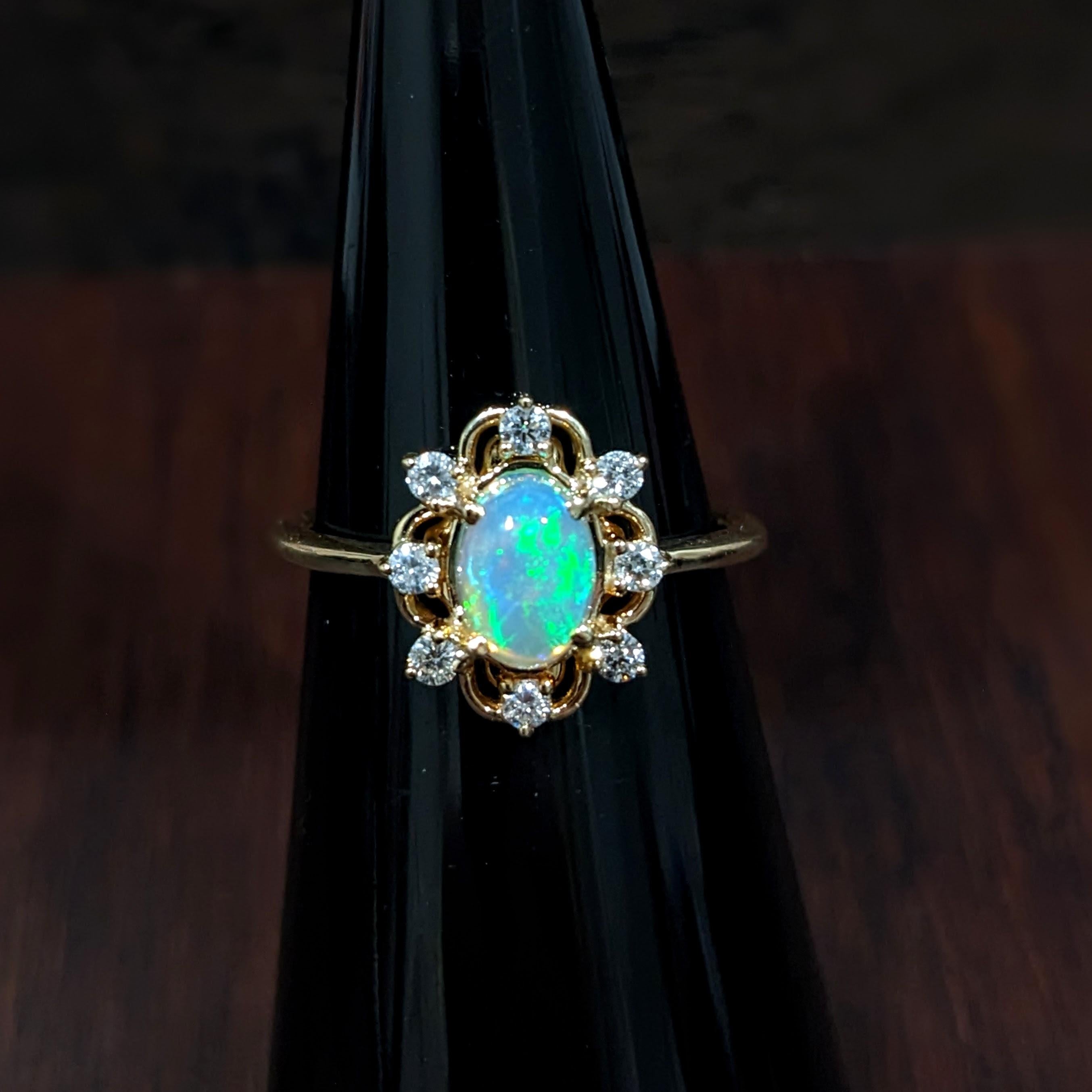 1.2ct Opal Ring w Earth Mined Diamonds in Solid 14K Yellow Gold | Oval 7x5mm