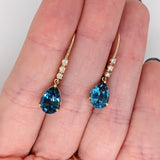Solid 14K Gold Teardrop London Blue Topaz Earrings with Natural Diamond Accents: Pear Shape 10x7mm | Secure Latch Back | Dangle Earrings