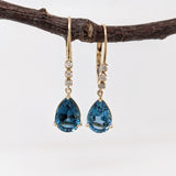 Solid 14K Gold Teardrop London Blue Topaz Earrings with Natural Diamond Accents: Pear Shape 10x7mm | Secure Latch Back | Dangle Earrings