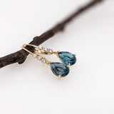 Solid 14K Gold Teardrop London Blue Topaz Earrings with Natural Diamond Accents: Pear Shape 10x7mm | Secure Latch Back | Dangle Earrings