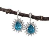 Blue Zircon Drop Earrings w Earth Mined Diamonds in Solid 14K White Gold | Oval 11x9mm | December Birthstone