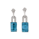 Blue Zircon Earrings w Earth Mined Diamonds in Solid 14K White Gold | Emerald Cut 9.5x6.2mm | Drop Earrings | December Birthstone