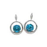 Blue Zircon Earrings w Earth Mined Diamonds in Solid 14K White Gold | Round 8.5mm | Drop Earrings | December Birthstone